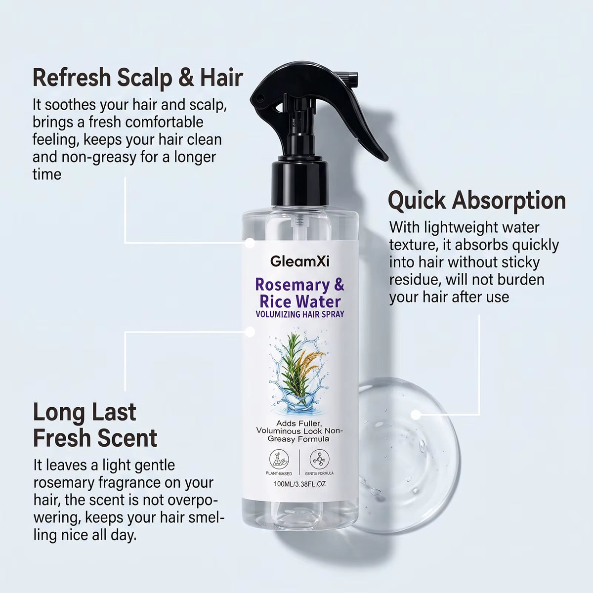 Rosemary Rice Water Hair Spray Nourishing Root Tip Care Smooth Silky Lightweight Refreshing Scent Leave in Treatment All Types